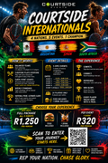 Courtside Internationals 2026 poster – 4 nations, 5 events at U-Pro. 31 Jul & 7 Aug 18:00–21:00; 15, 22 & 29 Aug 13:00–16:00.