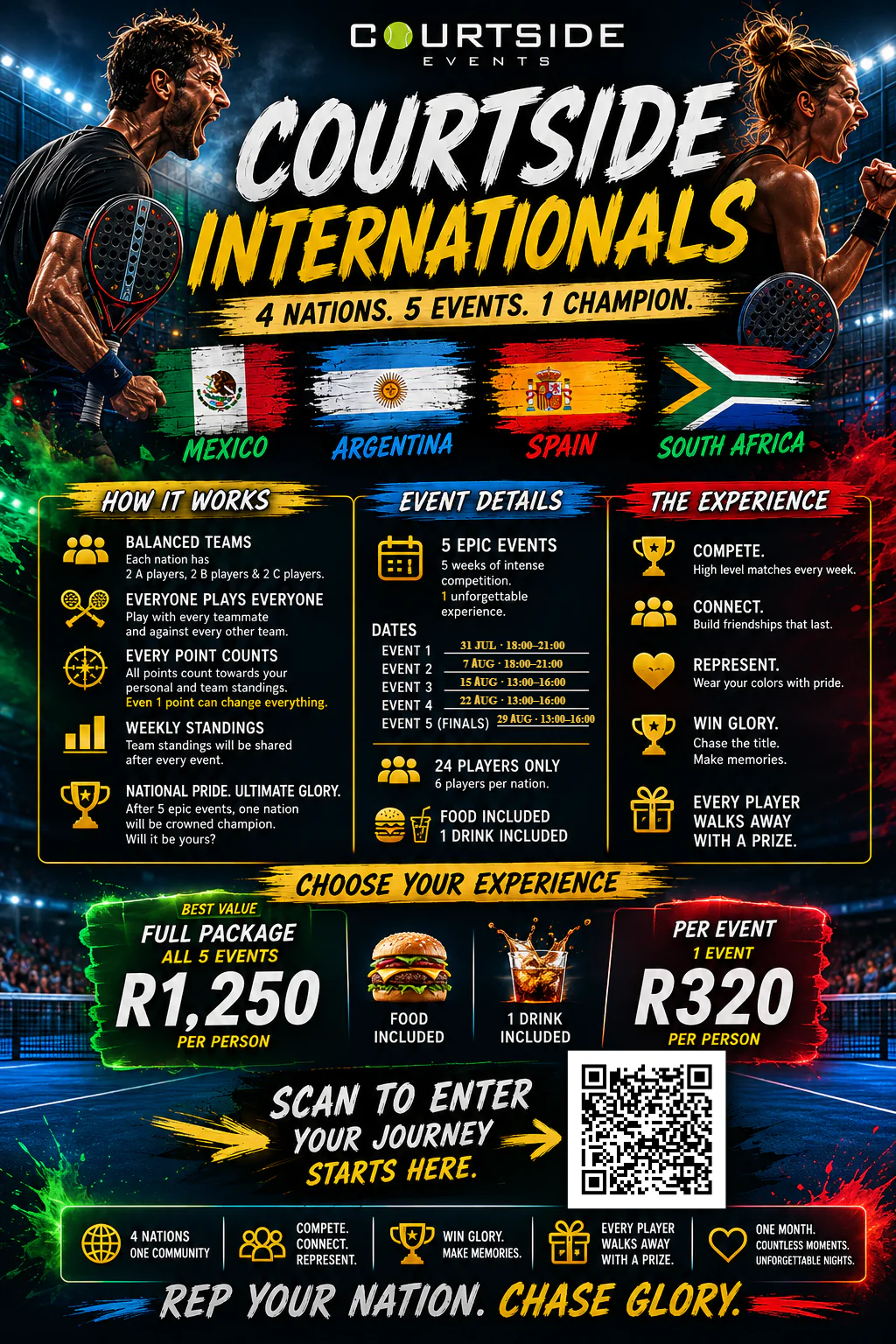 Courtside Internationals 2026 poster – 4 nations, 5 events at U-Pro. 31 Jul & 7 Aug 18:00–21:00; 15, 22 & 29 Aug 13:00–16:00.