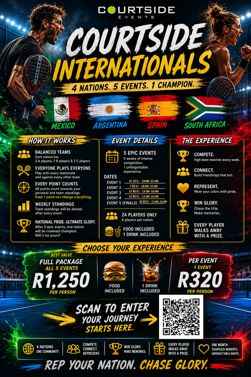 Courtside Internationals 2026 poster – 4 nations, 5 events at U-Pro. 31 Jul & 7 Aug 18:00–21:00; 15, 22 & 29 Aug 13:00–16:00.